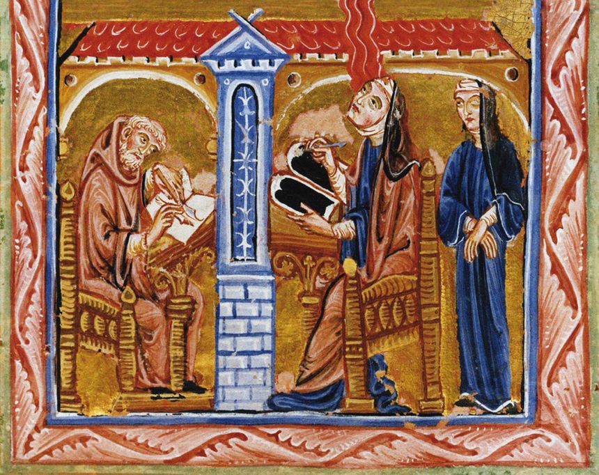 Hildegard von Bingen dictant ses visions en présence de son secrétaire, le moine Volmar.