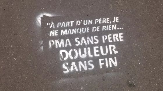 Marquage au sol par un groupe anti-PMA. Photo prise à Paris le 17 avril 2018, dans le Vème arrondissement. - Adila Bennedjaï-Zou