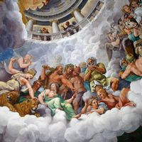 Les dieux de l'Olympe, 1532-1535, détail d'une fresque de Giulio Romano (1499-1546), Chambre des géants, Palazzo Te, Mantoue