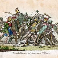 Combat pour la dépouille de Patrocle, Italie, vers 1831, dans « Il Costume Antico » de Giulio Ferrario