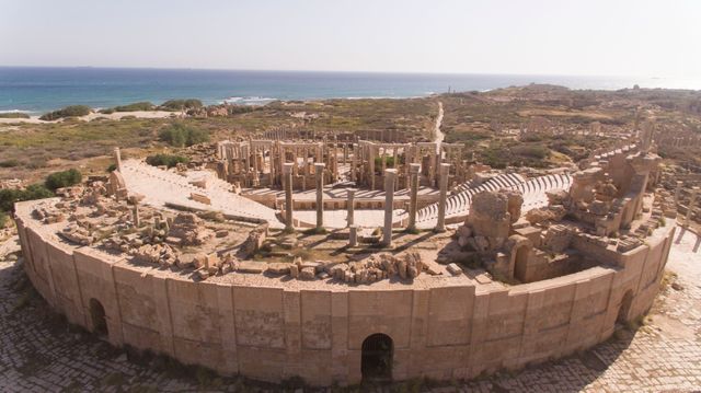 Vue aérienne du Théâtre de Leptis Magna Libye