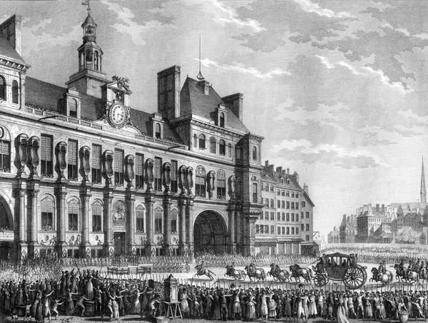 Le roi Louis XVI arrivant à l'Hôtel de Ville de Paris, le 17 juillet 1789.