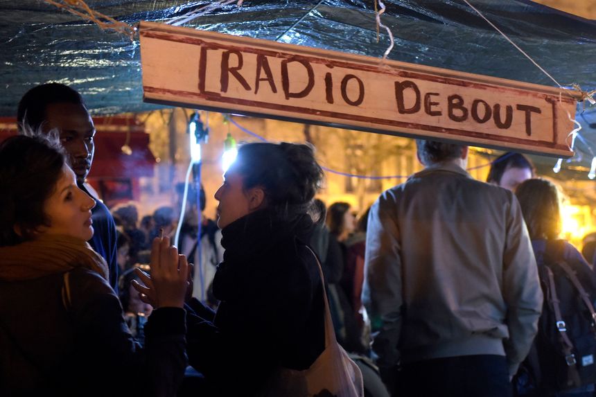 Radio Debout du mouvement Nuit Debout, place de la République, le 18 avril 2016 à Paris.