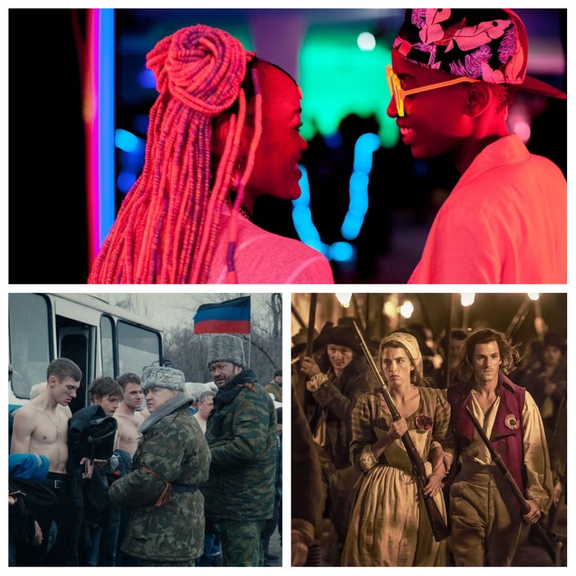 en haut : "Rafiki" de Wanuri Kahiu, en bas : "Donbass" de Sergei Loznitsa (© DR) et "Un peuple et son roi" de Pierre Schoeller