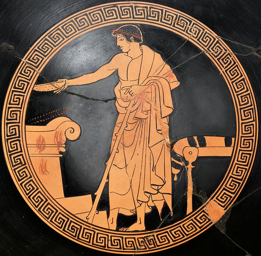 Scène de libation, coupe à figures rouges, v. 480 av. J.-C., musée du Louvre