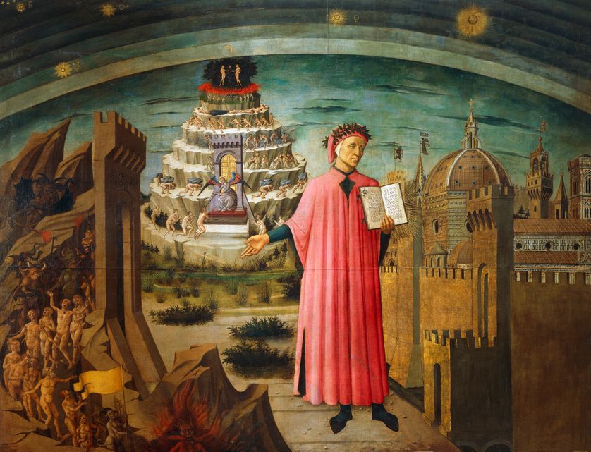 The Divine Comedy, by Dante Alighieri (1265-1321), 1465, by Domenico di Michelino (1417-1491), fresco, Basilica of Saint Mary of the Flower, Florence. Italy, 15th century.