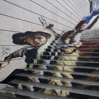 Graffiti réalisé par les graffeurs Zag et Sia d'après La liberté guidant le peuple d'Eugène Delacroix, Paris, mars 2016