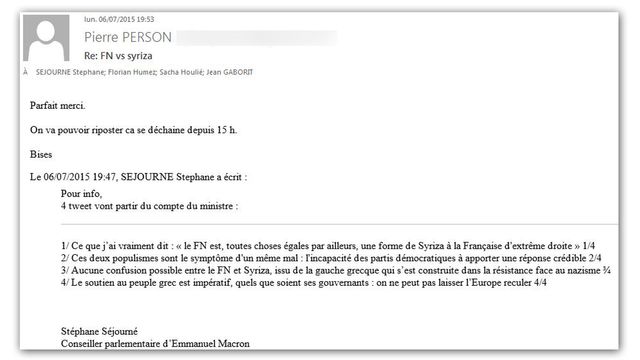 "On va pouvoir riposter" - Mail envoyé par Pierre Person le 6 juillet 2015, en réponse à Stéphane Séjourné.