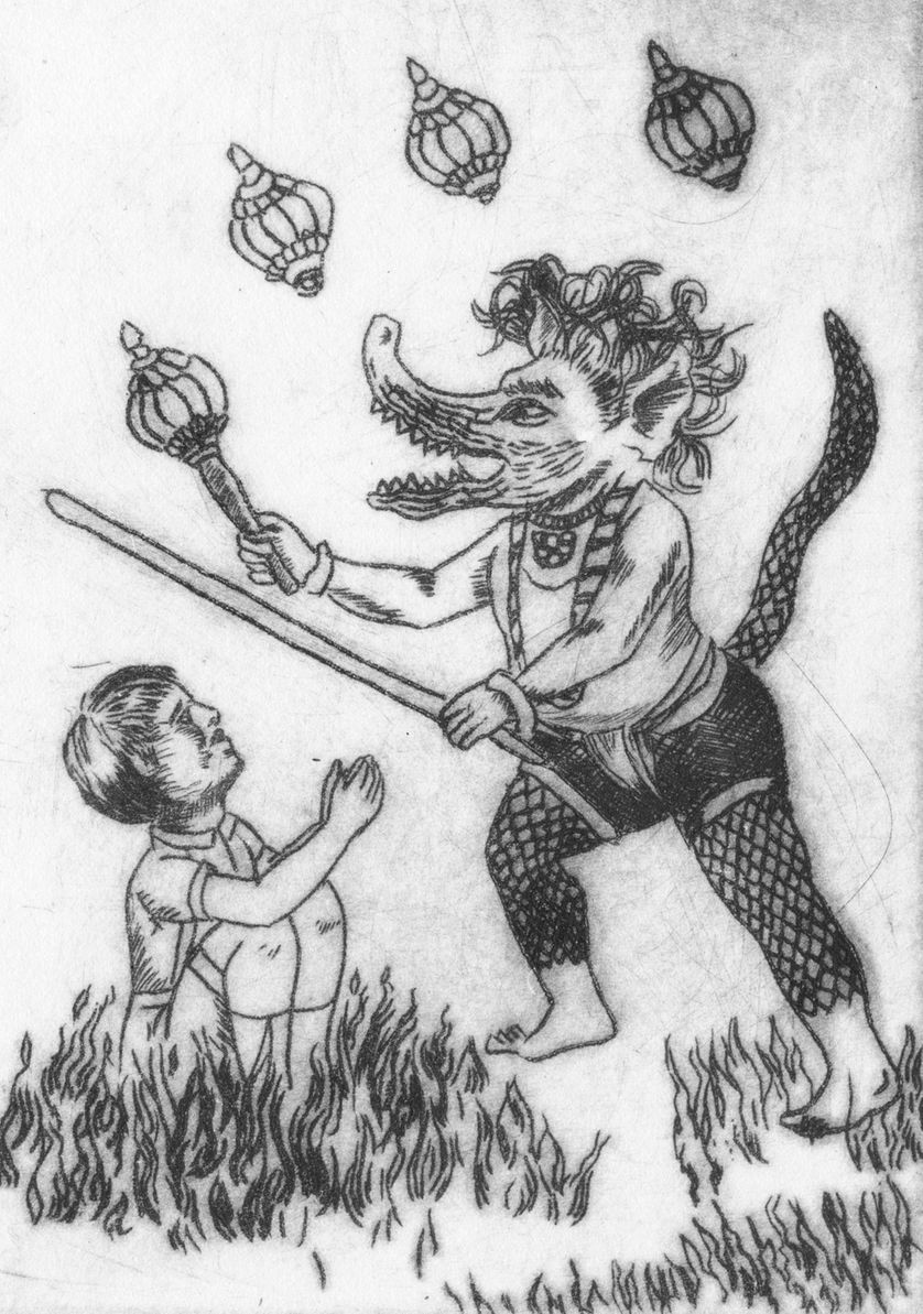 Asuras, gravure sur plexiglas, 10,5 x 15 cm, 2018
