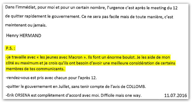 "Je travaille avec les Jeunes avec Macron. Ils font un énorme boulot" - Note écrite par Henri Hermand pour Emmanuel Macron.