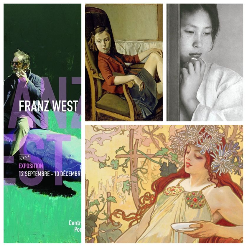 à gauche : l'affiche de l'exposition "Franz West", à droite : "Balthus", "Alphonse Mucha" et le livre "Coréennes" de Chris Marker