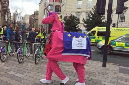 "Croire au Brexit, c'est comme croire aux licornes". Manifestants dans les rues de Liverpool "Croire au Brexit, c'est comme croire aux licornes". Manifestants dans les rues de Liverpool