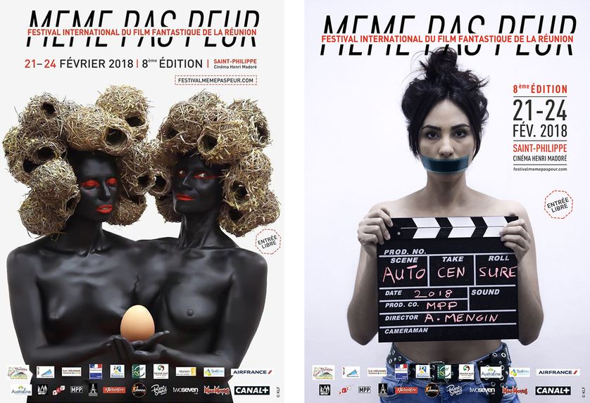 A gauche, l'affiche originale du Festival "Même pas peur". A droite, la nouvelle affiche du festival réunionnais, qui dénonce la censure subie