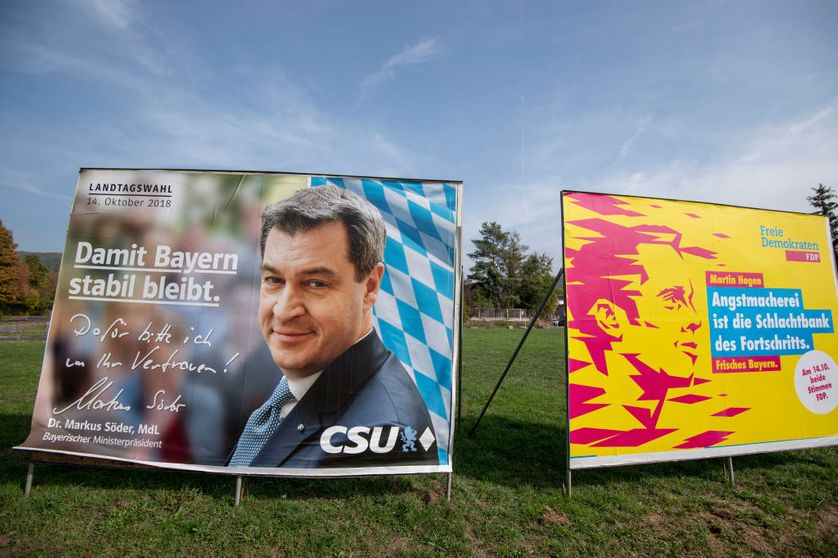 LOHR AM MAIN, GERMANY : View of election campaign billboards of the Bavarian Social Union (CSU) showing Bavarian Governor and CSU lead candidate Markus Soeder and Martin Hagen, candidate of German Free Democratic Party (FDP), 9 oct. 2018