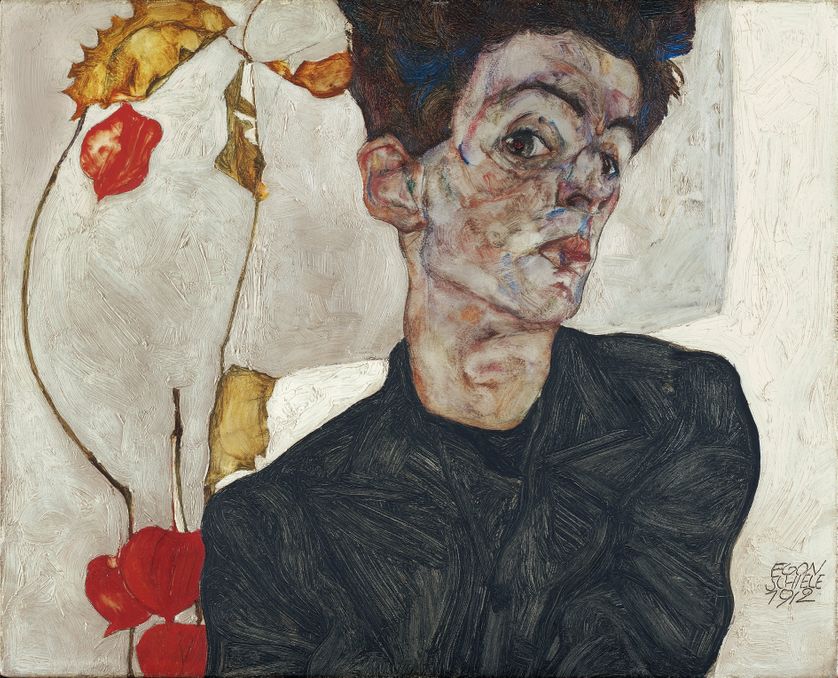 Egon Schiele. Autoportrait au coqueret, 1912. Huile et gouache sur bois. 32,2 x 39,8 cm. Leopold Museum, Vienne. Photo : © Leopold Museum, Vienne