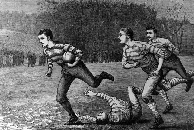 Dessin représentant une scène d'un match de rugby, daté de 1880