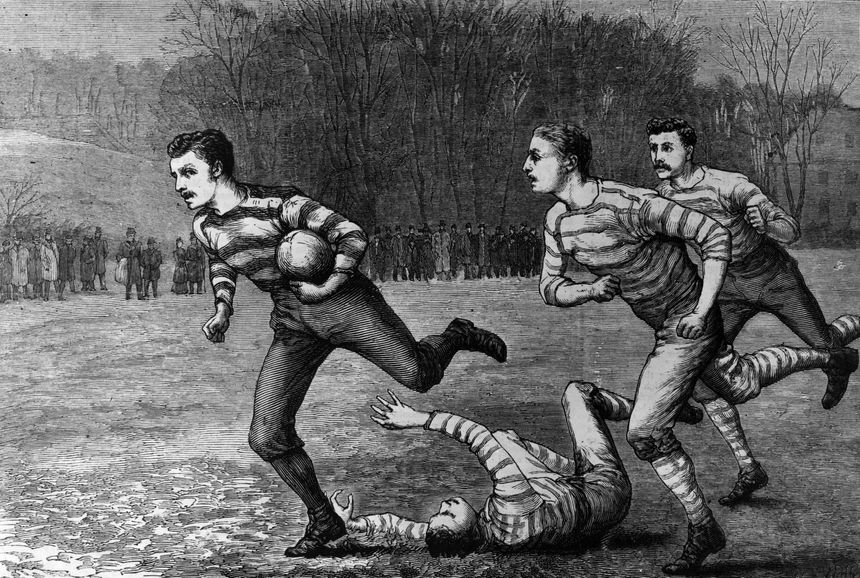 Dessin représentant une scène d'un match de rugby, daté de 1880