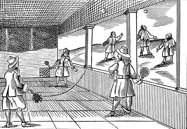 Match de tennis, dessin tiré du livre "Orbis sensualium pictus" de John Amos Comenius, en 1659 : le manuel d'éducation le plus répandu en ces temps