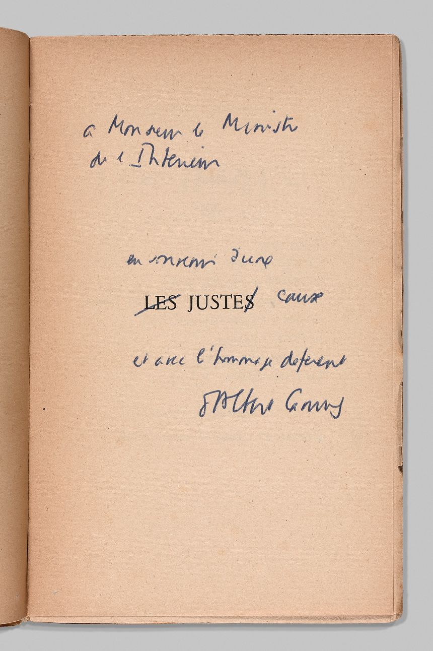 Dédicace d'Albert Camus à François Mitterrand, 1954/1955.