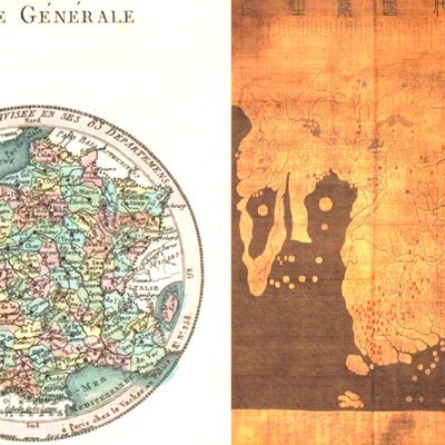Atlas national des 83 départements français, Jean-Baptiste Poirson, 1792. Carte Kangnido, par Kim Sa-hyeong, Yi Mu, Yi Hoe, 1402.