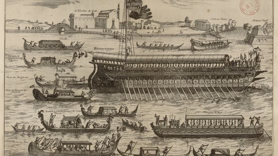 Signe de la puissance vénitienne : le bucentaure, bateau de parade sur lequel le doge embarquait chaque année, le jour de l'Ascension, pour célébrer les noces de Venise avec la mer Auteur : Copyright : Aucun( - Gallica / Bibliothèque nationale de France