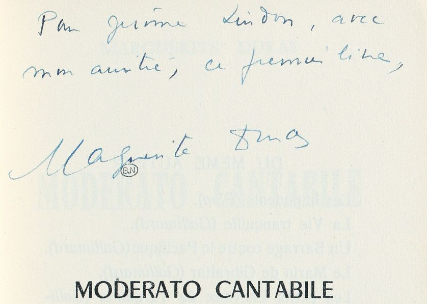 Envoi de Marguerite Duras "Moderato Cantabile" à son éditeur Jérôme Lindon des Éditions de Minuit, 1958, BnF, Réserve des livres rares.