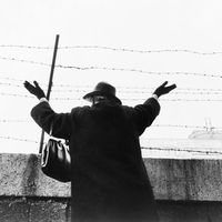 Après trois heures d'attente, une vieille dame passée au secteur Ouest fait signe à ses connaissances restées à l'Est, 1961.
