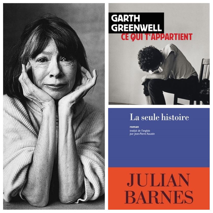 à gauche : Joan Didion, à droite : "Ce qui t'appartient" de Garth Greenwell et "La seule histoire" de Julian Barnes