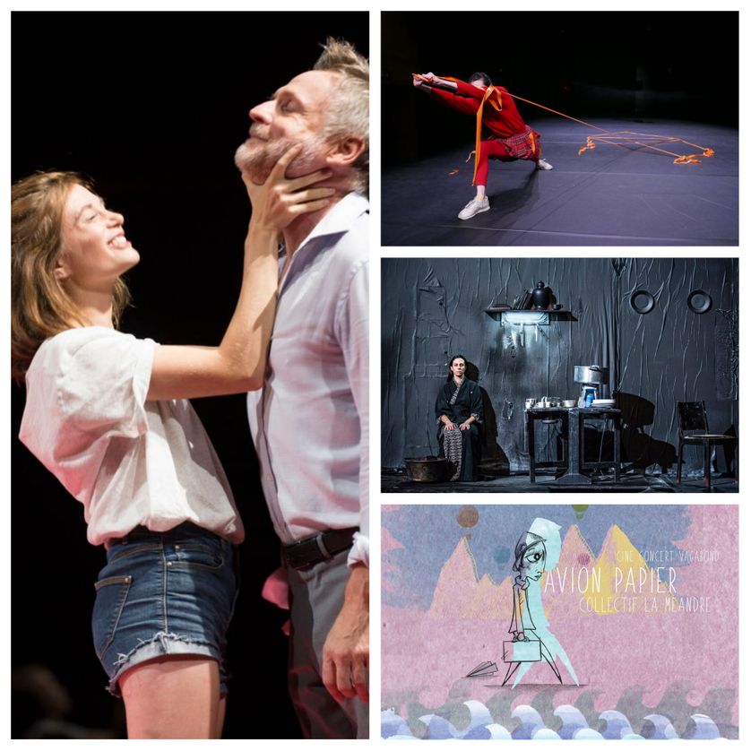 à gauche : "L'Ecole des femmes" (© Simon Gosselin), à droite : "Le Grand Sommeil" (© Matthieu Bareyre), "Demi-Véronique" (© Jean-Louis Fernandez) et "Avion papier" (© Arthur Delaval)