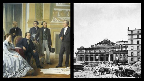 Le grand Paris de Napoléon III - Peinture de Ange Tissier / Photo du chantier de construction de l’Opéra Garnier