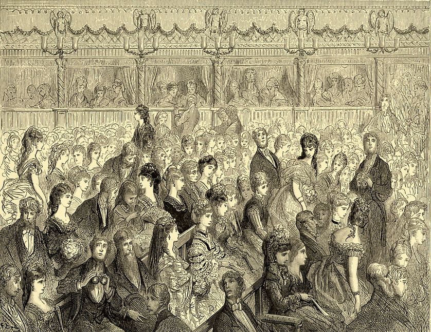 Gravure de Gustave Doré représentant le Covent Garden Opera House (1872).