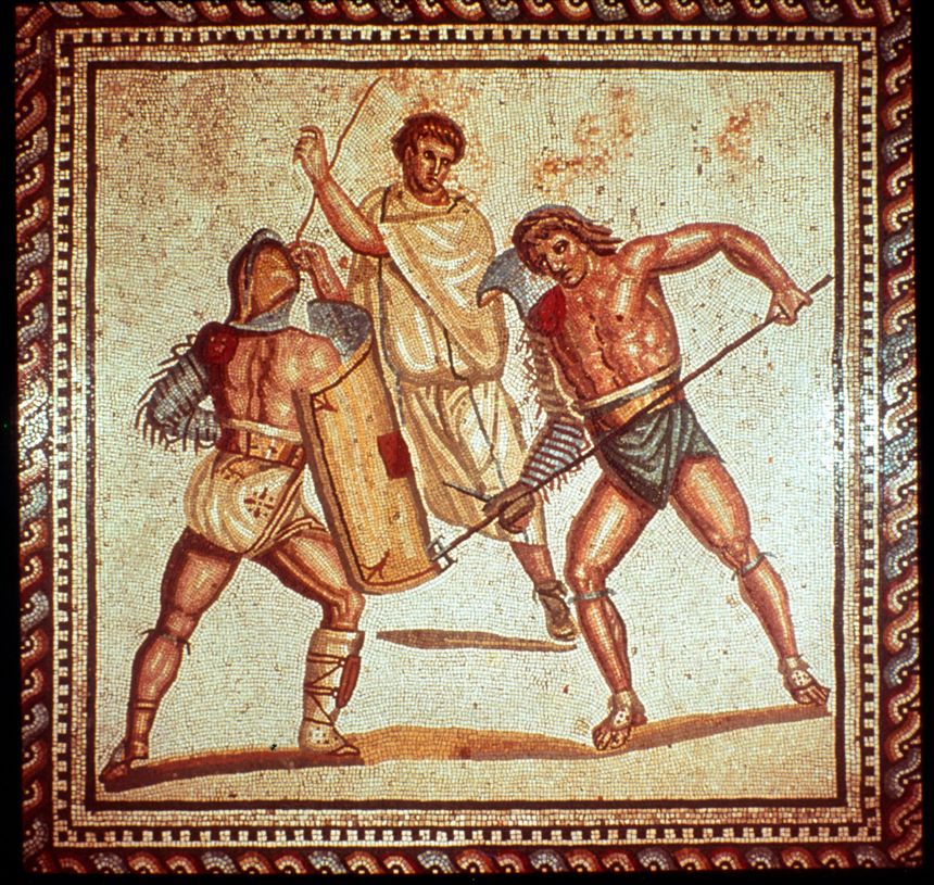 Mosaïque romaine représentant deux gladiateurs dans une arène (conservée à Sarrebruck en Allemagne)