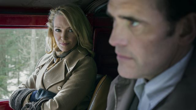 Uma Thurman et Matt Dillon sur le tournage de The House "That Jack Built" de Lars von Trier (2018)