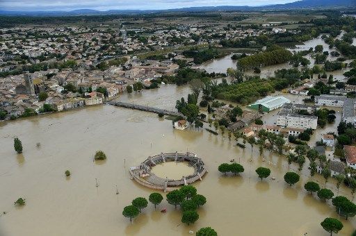 Vue aérienne de la ville de Trèbes, dans l'Aude
