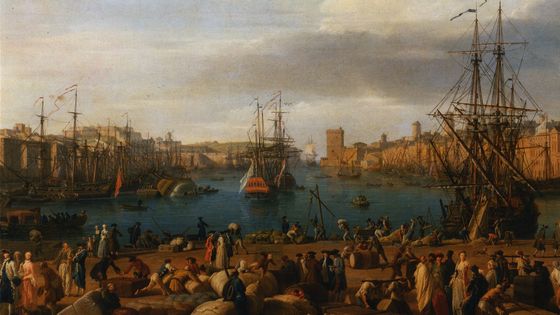 Le port de Marseille peint par Claude Joseph Vernet (1714–1789) où transite - et vit - une communauté de négociants arméniens parmi de nombreuses autres communautés - Dépôt du Musée du Louvre (image libre de droits)