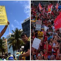 Brazil, Copacabana: Thousands of protestors march in favor of far-right candidate Bolsonaro, 21.10.18 / Sympathisers of the Workers Party (PT) march against the far-right candidate Bolsonaro in Recife, where Lula da Silva was born, 20.10.18