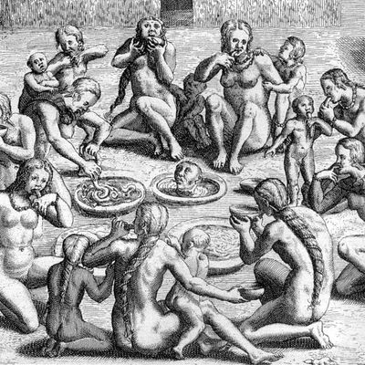 Le cannibalisme des Indiens du "Nouveau Monde" (Amazonie) : une gravure de Théodore de Bry pour illustrer le livre "Le Voyage au Brésil" de Jean de Léry (1556-1558).