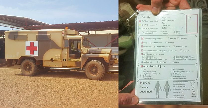 Camion de secours à Gao, au Mali, et fiche médicale du blessé