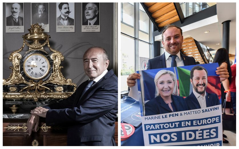 Gérard Collomb au Ministère de l'Intérieur en août 2018 / Le député Italien Flavio Di Muro au meeting du RN à Fqréjus en septembre 2018