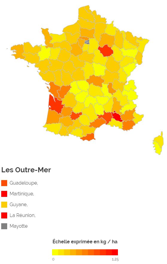 La carte d'utilisation du glyphosate en France par hectare de surface agricole utilisée.