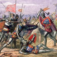 La victoire des anglais sur les français lors de la bataille d'Azincourt, 25 Octobre 1415, pendant la guerre de Cent Ans.