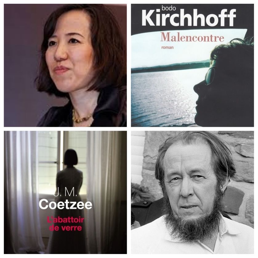 en haut : Ryoko Sekiguchi, auteure de "Nagori" et "Malencontre" de Bodo Kirchhoff, en bas : "L"Abattoir de verre" de J.M. Coetzee et Alexandre Soljenitsyne en 1974 (© Verhoeff, Bert / Anefo)