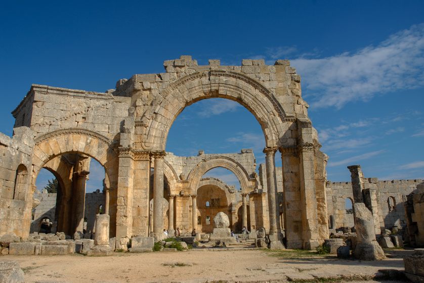 Eglise byzantine Saint Simeon Stylites (près d'Alep, en Syrie). Datant du Ve siècle et classée au patrimoine mondial, elle a été lourdement touchée en 2016 par une frappe aérienne pendant la guerre civile syrienne.
