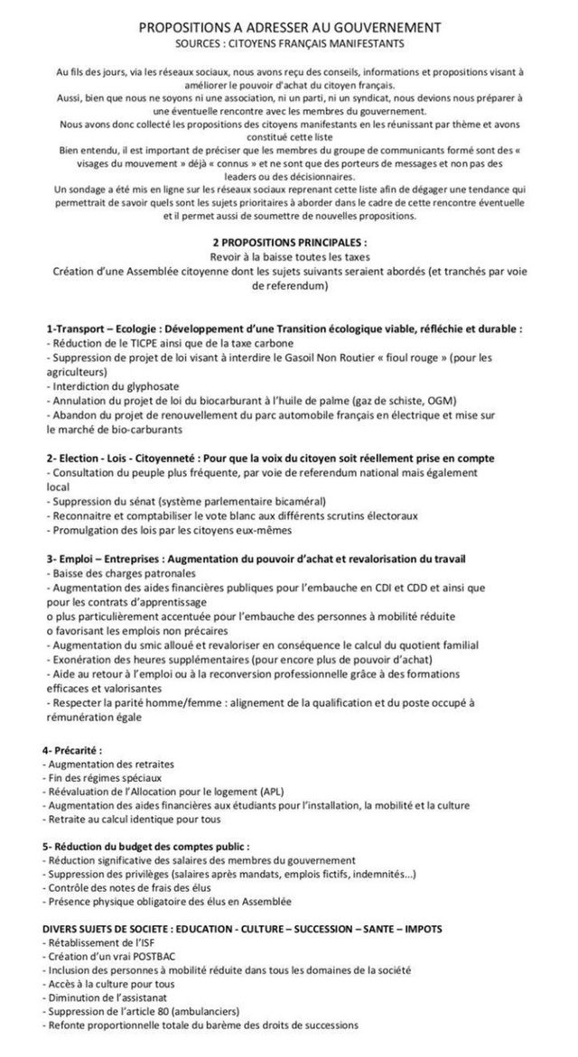 La liste des "propositions" des "gilets jaunes"