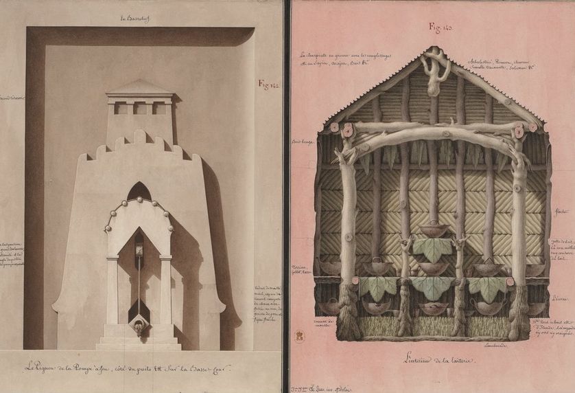 Façade de la pompe à feu et intérieur de la laiterie. BnF, département des Estampes et de la photographie.