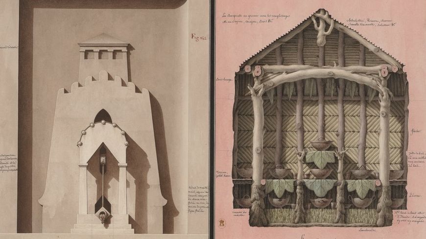 Façade de la pompe à feu et intérieur de la laiterie. BnF, département des Estampes et de la photographie.