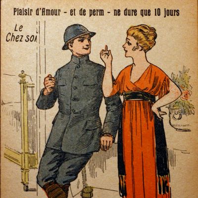 Carte dessinée représentant un fantassin français Poilu parlant à une femme pendant une permission.