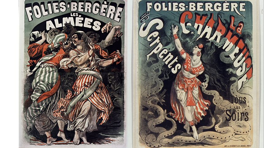 Deux affiches des Folies-Bergère : Les Almées (1874) et La Charmeuse de serpents (1875).