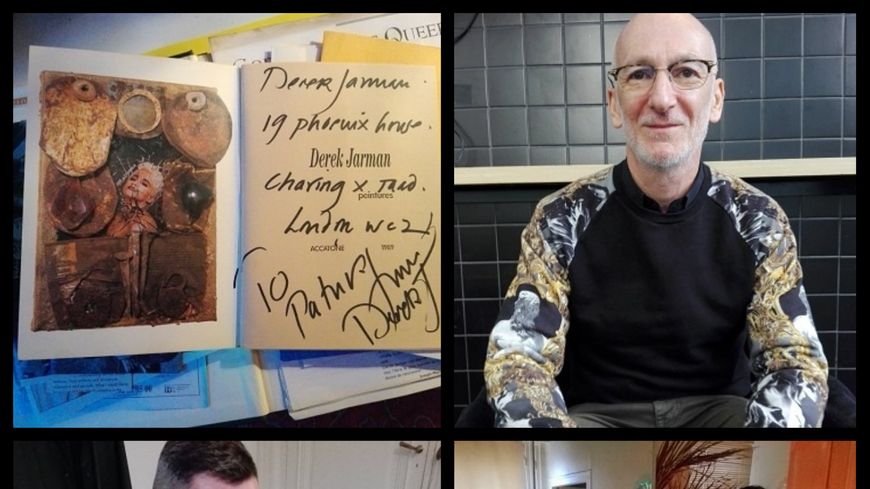 En haut, de gauche à droite : Dédicace à Partrick Sarfaty de Derek Jarman, sur un livre de ses collages et peinture et Dominique Choisy. En bas, de gauche à droite : Gilles Pastor et Patrick Sarfaty.