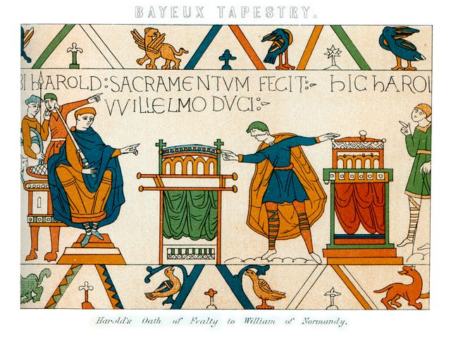 La tapisserie de Bayeux, longue de 70 mètres, retrace en images et textes la conquête du trône d'Angleterre par Guillaume le Conquérant, de 1064 jusqu'au dénouement de la bataille d'Hastings.